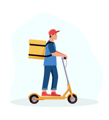 Courier with a bag for delivering food on an electric scooter. Vector illustration, the concept of a delivery service.