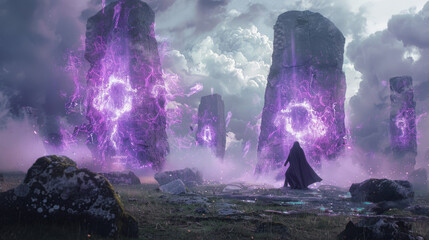 A dark sorcerer conjures The Arcane Plague amidst swirling purple mists at an ancient stone circle, unleashing malevolent magic upon the land. - obrazy, fototapety, plakaty
