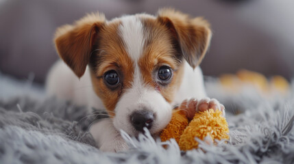 A curious puppy engaging in playful behavior with a squeaky toy, displaying focused attention and heightened sensory awareness. - obrazy, fototapety, plakaty