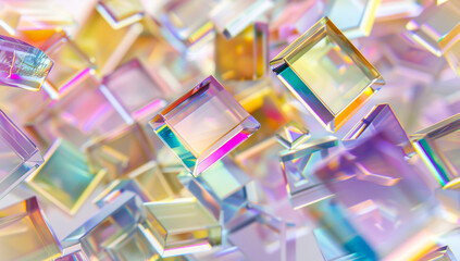 3D, cube and glass reflection with with neon light closeup for art, creative and refraction. Effect, diamond and prism with still life structure of transparent precious stone or crystal object