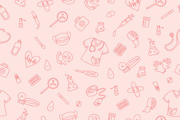 Seamless pattern with medicines and diagnostic and treatment items. Vector hand drawn illustration in doodle style. Vector illustration