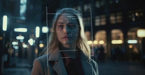 A Wide shot capturing the integration of facial recognition and personal identification technology in a bustling city street, with people passing by unaware of the surveillance