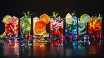 Assorted colorful cocktails adorned with fruits and herbs on a reflective surface for a festive mood