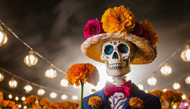 Day of the dead skull; catrin holding cempaxuchitl flower