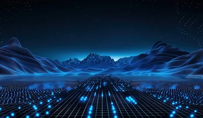 Fotobehang Futuristic digital landscape with glowing blue lattice and mountains - abstract cyber technology background © Яна Деменишина