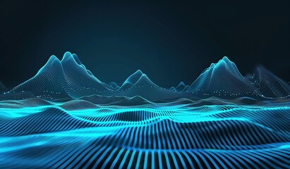 Futuristic digital landscape with glowing blue lattice and mountains - abstract cyber technology background