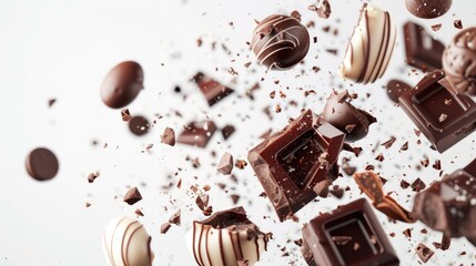 Assortment of chocolate candies and sweets flying in the air on white background. Truffles, creamy...