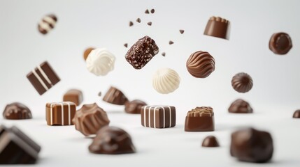 Fototapeta premium Assortment of chocolate candies and sweets flying in the air on white background. Truffles, creamy milk bonbons, sweet food concept banner