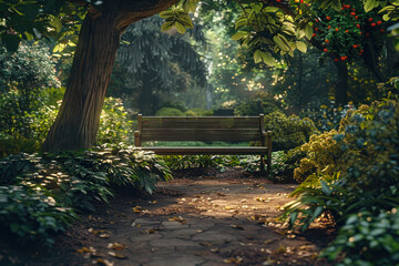 Secluded Park Bench in Lush Garden. - obrazy, fototapety, plakaty