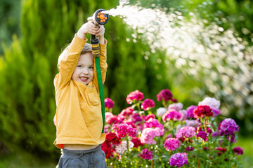 Cute little boy watering flower beds in the garden at summer day. Child using garden hose to water vegetables. Kid helping with everyday chores.
