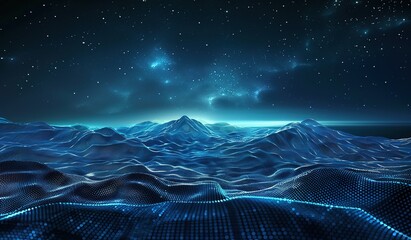 Futuristic digital landscape with glowing blue lattice and mountains - abstract cyber technology background