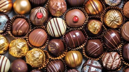 Assortment of luxurious chocolate candies with various fillings, sweet food background - 788249323