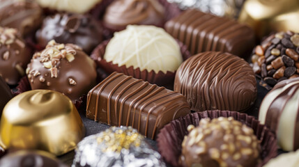 Assortment of luxurious chocolate candies with various fillings, sweet food background - 788249338