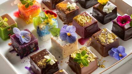 Assortment of luxurious artisanal handmade chocolate candies with various fillings, edible flowers. sweet restaurant dessert food background - 788249349