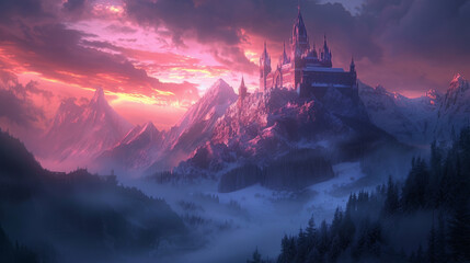 A breathtaking ancient monastery set amidst The Silvered Peaks, reflecting the first light of dawn in its icy spires.