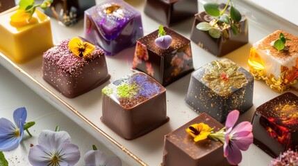 Assortment of luxurious artisanal handmade chocolate candies with various fillings, edible flowers. sweet restaurant dessert food background - 788249375