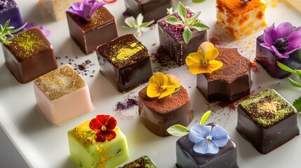 Assortment of luxurious artisanal handmade chocolate candies with various fillings, edible flowers. sweet restaurant dessert food background - 788249385