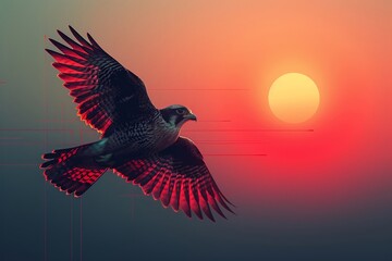 Divine falcon vibrant plumage clear sky at dawn minimal detail soaring bottom text space - obrazy, fototapety, plakaty