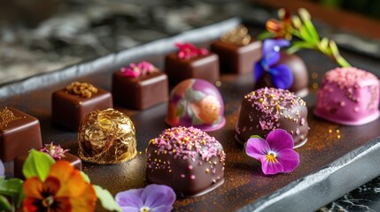 Assortment of luxurious artisanal handmade chocolate candies with various fillings, edible flowers. sweet restaurant dessert food background - 788249512