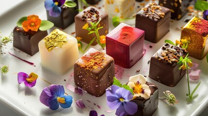 Assortment of luxurious artisanal handmade chocolate candies with various fillings, edible flowers....
