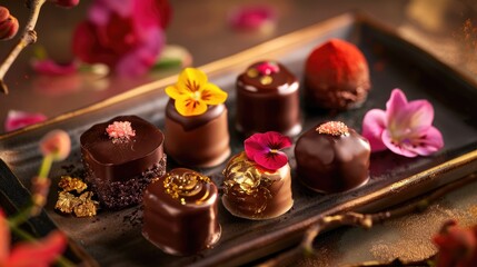 Assortment of luxurious artisanal handmade chocolate candies with various fillings, edible flowers. sweet restaurant dessert food background - 788249532