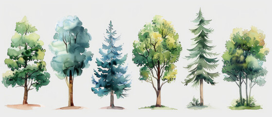 A collection of hand drawn watercolor trees in various styles, perfect for adding a touch of nature to your projects. - obrazy, fototapety, plakaty