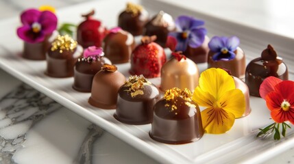 Assortment of luxurious artisanal handmade chocolate candies with various fillings, edible flowers. sweet restaurant dessert food background - 788249546