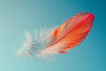 Floating feather vibrant colors simple clear sky low detail falling motion bottom text space
