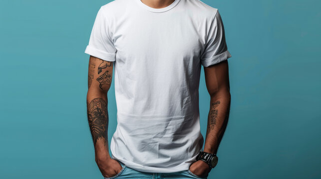 A White Male Tshirt Mockup Designed For Men's Apparel Showcasing Clean And Versatile Design Options For Tshirt Printing And Advertisement Purposes.