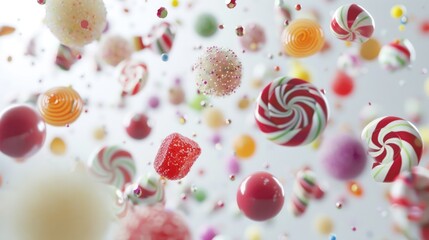 Different colorful flying candies, lollipops and drops on white background. Sweet food concept