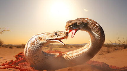 King cobra is biting a snake to eat in the sand with the sunny background concept of fight 