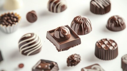 Assortment of chocolate candies and sweets flying in the air on white background. Truffles, creamy milk bonbons, sweet food concept banner