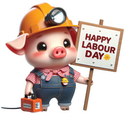 Pig wearing a safety hat holding a sign labour day