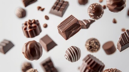 Assortment of chocolate candies and sweets flying in the air on white background. Truffles, creamy milk bonbons, sweet food concept banner