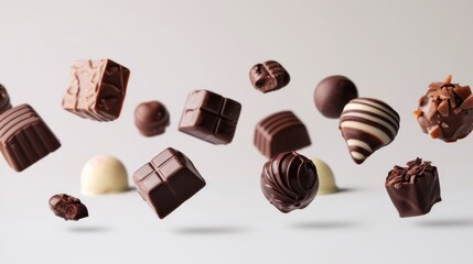Obraz premium Assortment of chocolate candies and sweets flying in the air on white background. Truffles, creamy milk bonbons, sweet food concept banner