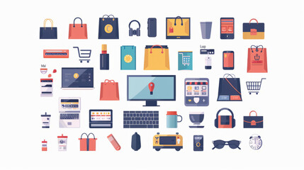 Collection of online shopping icons and elements set against a clean white background, perfect for web design and digital marketing projects.