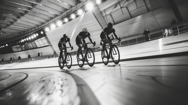 Group of men at track cycling competition inside olympic stadium - Teamwork concept - Models by AI generative