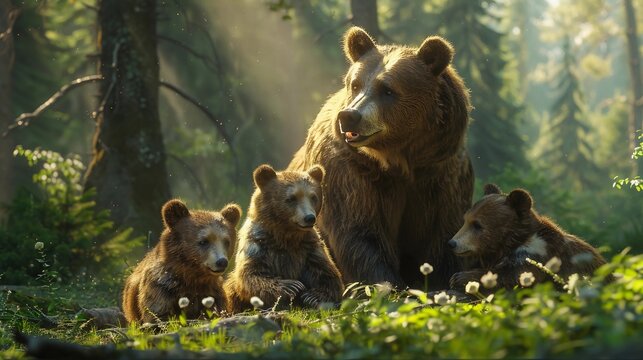A bear mother playing with her cubs in a sunlit forest clearing, surrounded by green trees. Joyful family moment. Maternal Care, Motherhood, Mothers Day. AI Generated