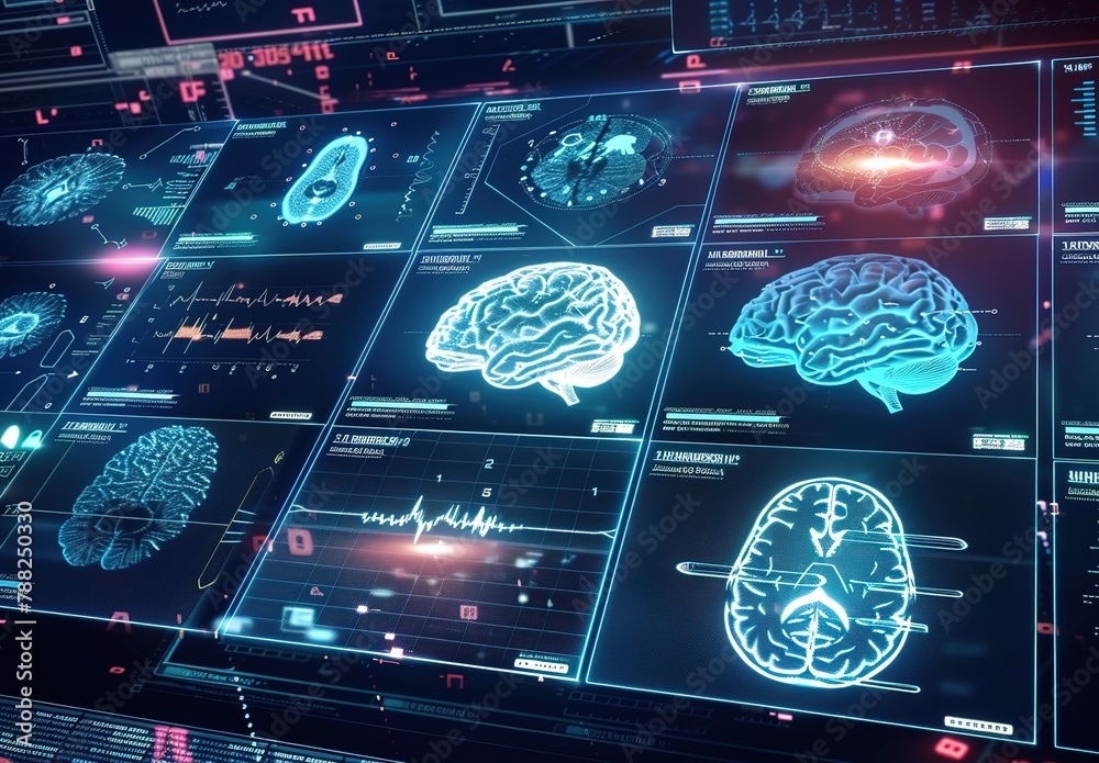 Poster advanced brain scanning technology displayed on a modern computer monitor in a high-tech laboratory