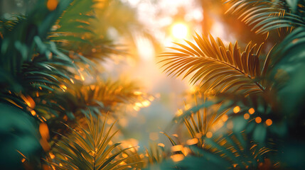 Sunlit palm leaves in a tropical setting. Warm sunlight filters through dense palm fronds casting a golden glow on a vintage tropical backdrop