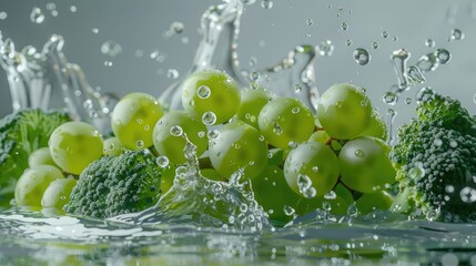 Fresh green grapes and broccoli falling into water with splashes, on a light gray background with soft lighting. Drops of water on fruit.