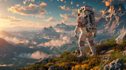Astronaut doing space walk. Mars exploration. - obrazy, fototapety, plakaty