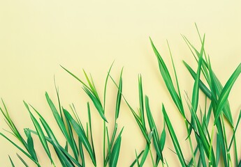 Bright green blades of grass on a soft pink background - fresh spring nature concept