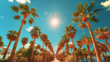 Sunlit palm tree avenue against a blue sky. Pathway lined with tropical palm trees basking in the vibrant sunlight