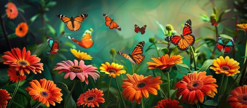 Colorful Gerbera daisies with tropical butterflies