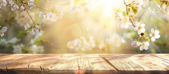 White blossoms and sunbeams in front of a wooden table set against a spring background. - obrazy, fototapety, plakaty