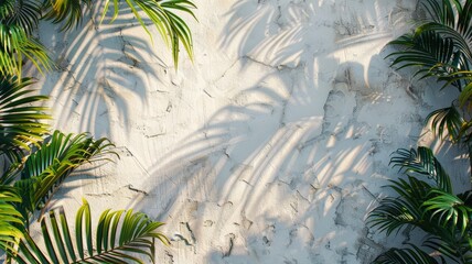 Tropical palm shadows casting a serene pattern on a sunlit textured white wall