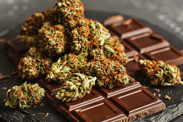 Cannabis Buds on Dark Chocolate Bar Close-Up.
