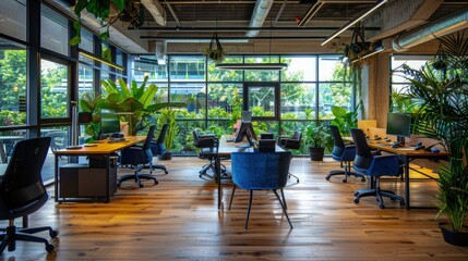 Modern open plan office with wooden floors, large windows overlooking the greenery outside and bright lighting, desks with computers, blue chairs for relaxing.