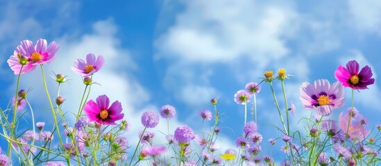 Obraz na płótnie Canvas A field of flowers underneath a bright blue sky and sunshine.